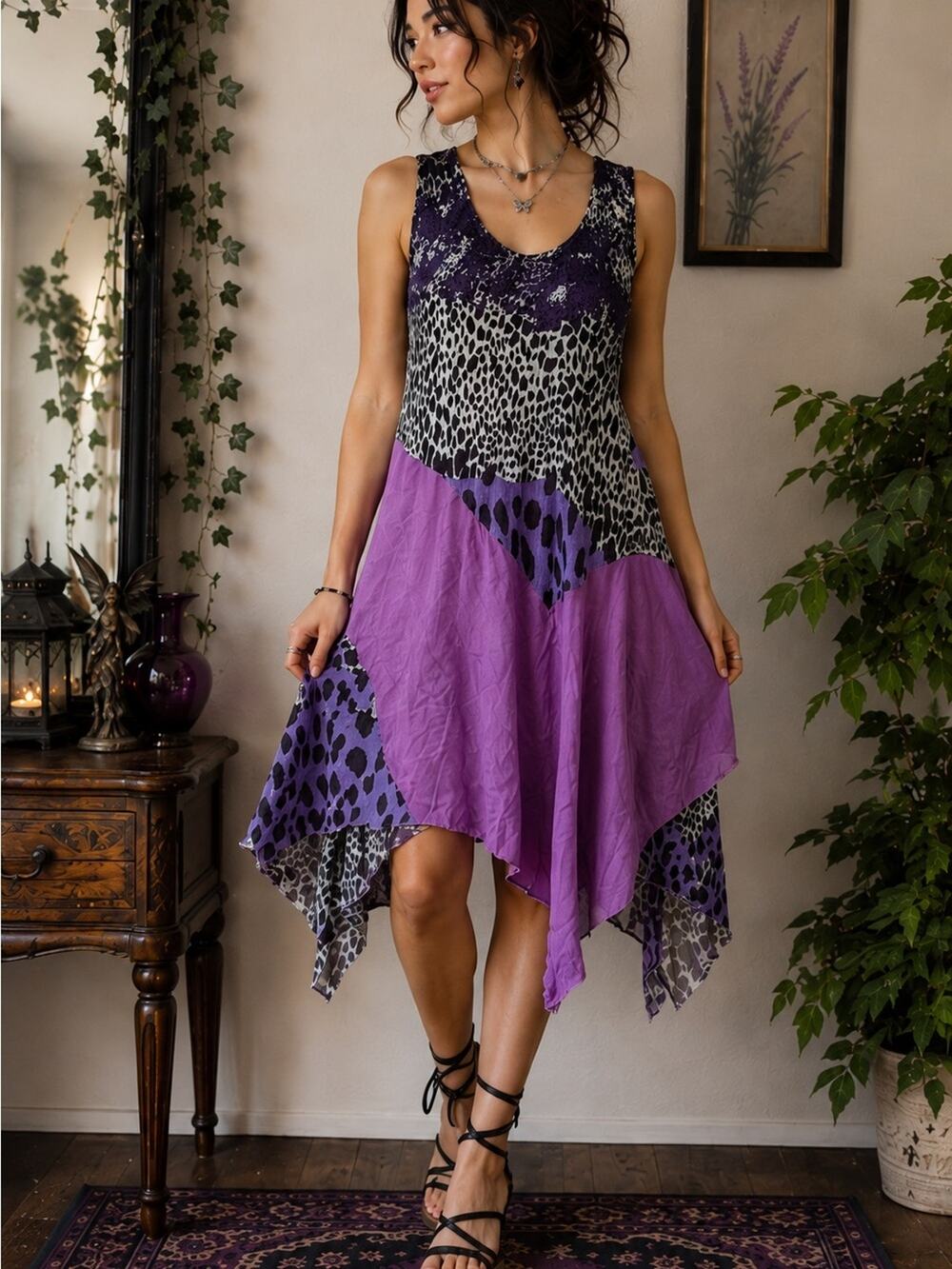 Y2K Pretty Angel Patchwork Leopard Asymmetric Handkerchief Hem Dress Size S - Picture 1 of 7
